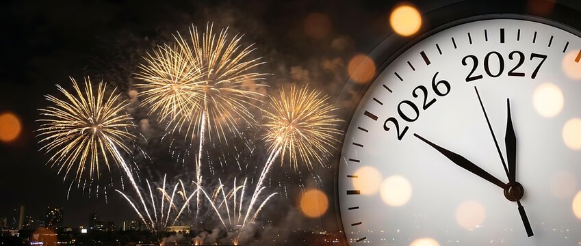 Happy new year fireworks explode in night sky near city skyline with clock showing countdown to 2027.
