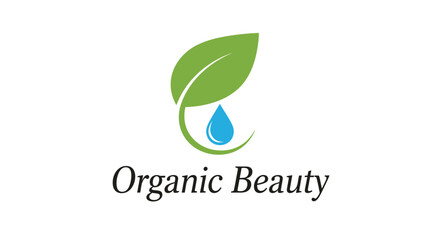 Fototapeta premium Organic Beauty Logo: Green Leaf with Water Droplet and Text