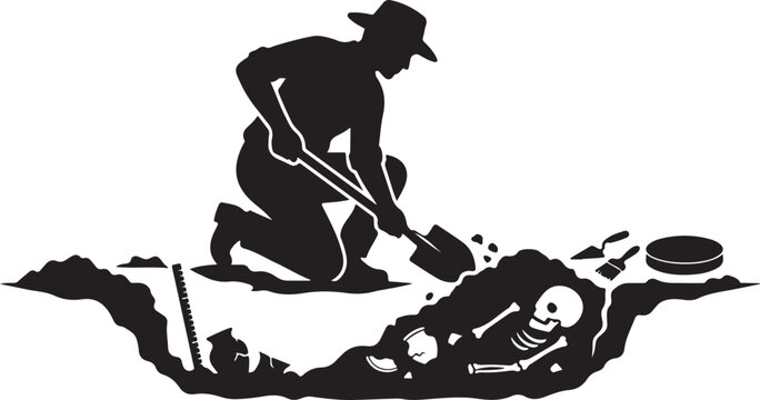 Archaeologist uncovering human skeleton at dig site with archaeologist skeleton excavation silhouette archaeology discovery research