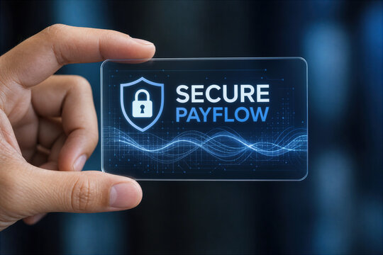 Secure Payflow transparent card with shield lock icon and digital waveform display held by hand fintech payment security concept secure payflow text