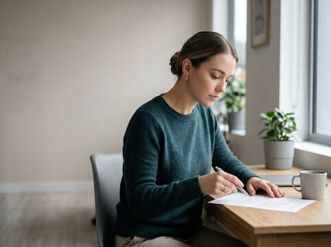 Woman Completing Paperwork at Desk in Home Office Workspace