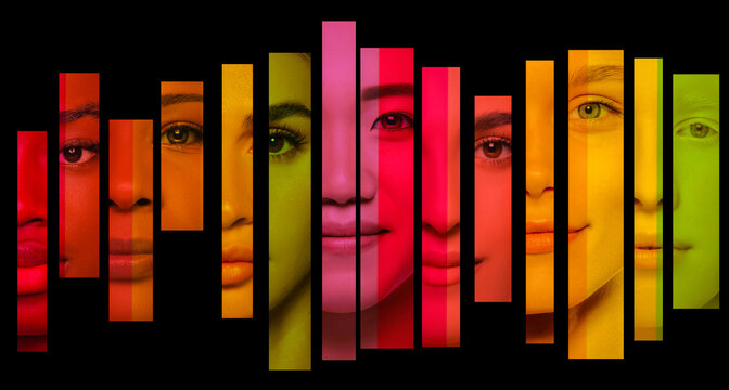Colorful vertical face strips of diverse women on black background. Concept of beauty diversity, cosmetics branding, inclusion campaign, skincare ads, modern identity visuals.