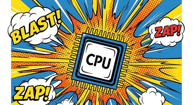 Dynamic pop art explosion with central processor chip and comic sound effects