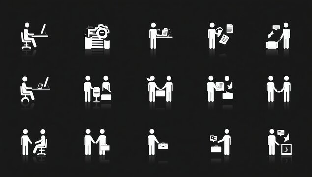 Set of white business people icons showing office work communication meetings and professional tasks