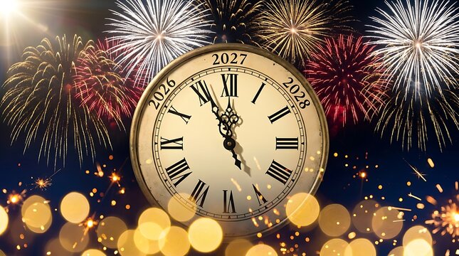New year eve clock showing midnight with fireworks exploding in night sky symbolizing upcoming celebration countdown for 2027 and holiday event.