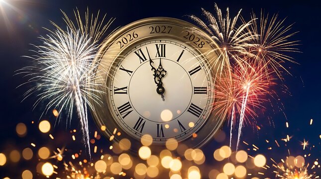New year eve clock showing midnight with fireworks exploding in night sky symbolizing upcoming celebration countdown for 2027 and holiday event.