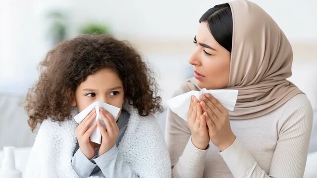 Tracking shot of mother and daughter sneezing and blowing noses on sofa in living room at home while woman wearing hijab comforts child