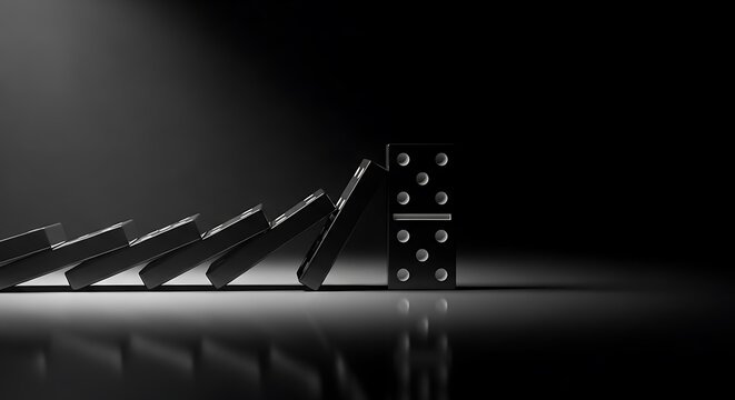 Black dominoes falling in a row with one standing upright alone