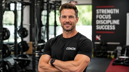 Fototapeta premium A sport trainer exudes confidence and motivation in a modern gym setting, with a strong and focused demeanor, inspiring others to reach their fitness goals