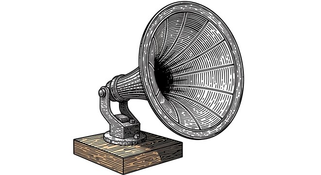 Vintage gramophone with large horn on wooden base