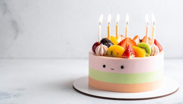 Cute pastel fruit cake with smiling face and candles.