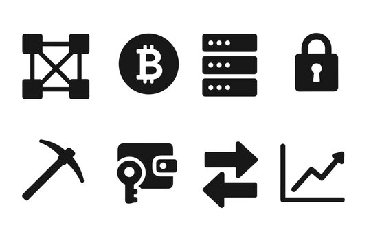Blockchain Icon Set. Blockchain and crypto visuals. Filled icon set of blockchain and crypto visuals: