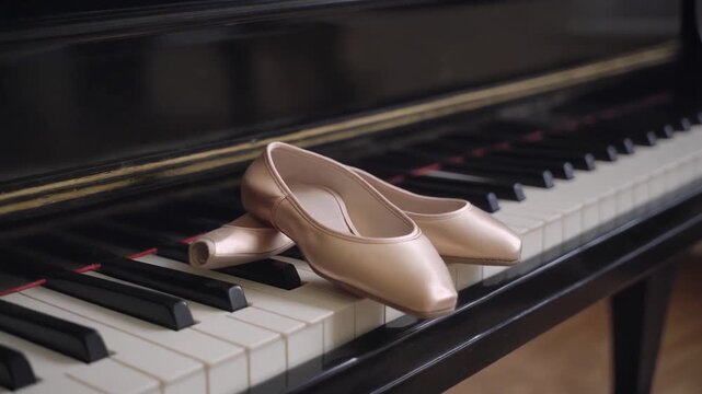 Pink ballet shoes resting on black grand piano keys in music studio