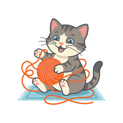Cute Kitten Playing with Ball of Orange Yarn © udin