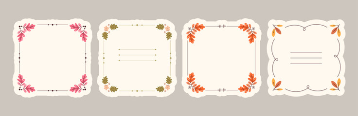 Set of hand drawn vintage Autumn frame templates decorated with colorful fall leaves and botanical elements, featuring copy space for text, ideal for invitations, greeting cards. Vector illustration © Ilonka eva