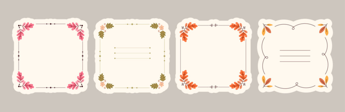 Set of hand drawn vintage Autumn frame templates decorated with colorful fall leaves and botanical elements, featuring copy space for text, ideal for invitations, greeting cards. Vector illustration