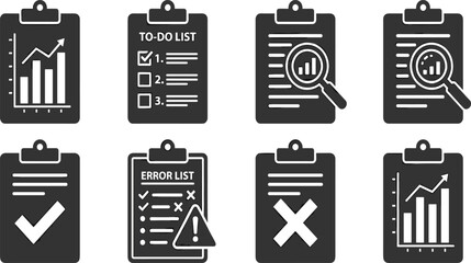 Vector illustration of business clipboard report black silhouettes, perfect for to-do list management, data analysis tracking, and project error audit workflows. © Mdjoshel 