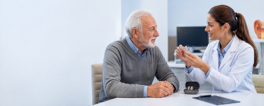 Woman audiologist showing a hearing aid to an elderly man in a clinic. Professional medical consultation for hearing loss treatment. Healthcare equipment and patient care concept.