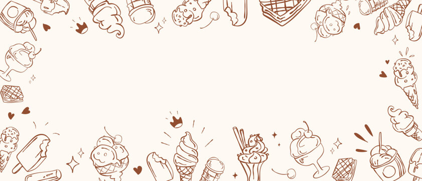 Hand drawn cute ice cream frame template with gelato and sweet dessert doodles arranged as a decorative border with copy space. Vector graphics