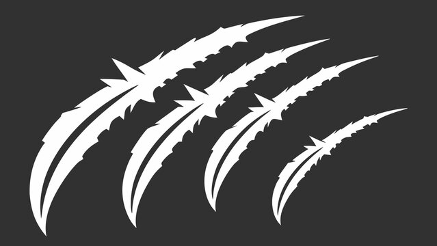 Three sharp white claw scratch marks or slash patterns isolated on a clean black background for a dangerous wild effect. vector
