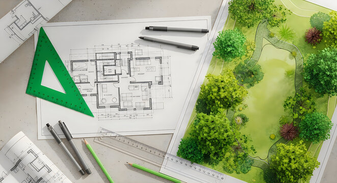 Architectural plans with landscape rendering and design tools overhead