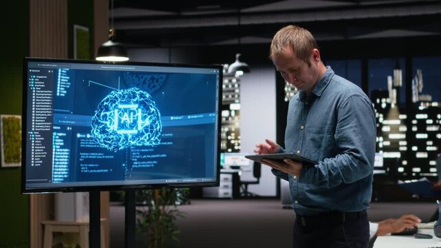 Manager in office using screen to analyze machine learning algorithms built by workers. Startup team leader supervising code written by employees to improve artificial intelligence.
