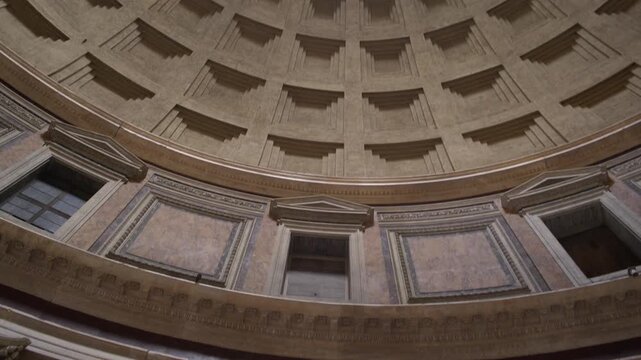 Looking Across Pantheon Dome Interior and Coffered Architecture Rome Italy Shot with Cinema Camera