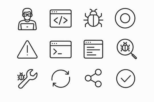 Developer Debugging Icons. Developer debugging code. Line outline icon set of Developer debugging code: