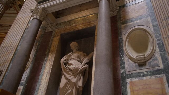 Marble Statue and Columns Inside Pantheon Rome Italy Ancient Roman Interior Shot with Cinema Camera