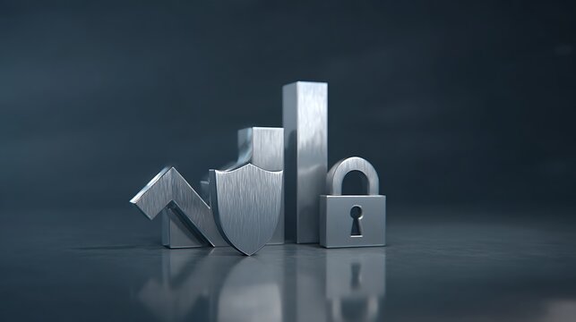 3d metallic graph chart with shield and lock on dark background representing data security and protection