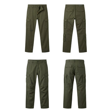 Green cargo pants shown from front and back views with zipper detail isolated on transparent background