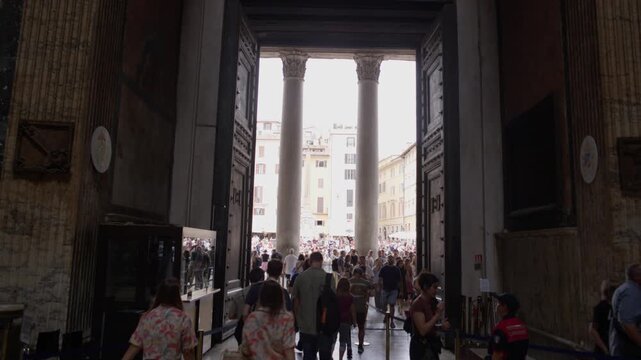 Visitors Entering Pantheon Through Monumental Doorway Rome Italy Shot with Cinema Camera