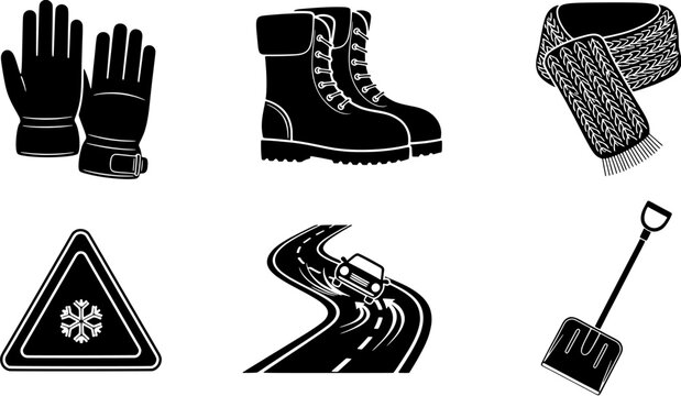 Winter season set of accessories and hazards including gloves, boots, scarf, slippery road warning and snow shovel