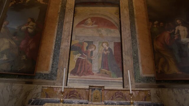Historic Religious Artwork and Chapel Interior Inside Pantheon Rome Italy Shot with Cinema Camera