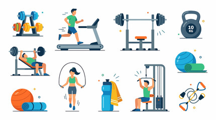 Fototapeta premium Fitness and Gym Equipment Collection with People Exercising