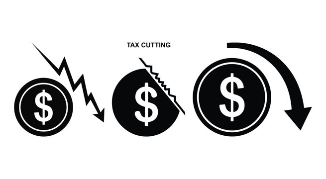 Tax Cutting Icon With Dollar Signs And Arrows Black Silhouette Style