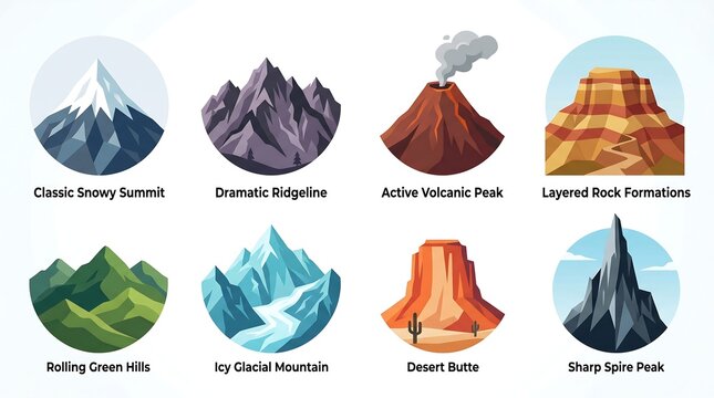Eight diverse mountain and geological landform icons displayed in a clean modern flat graphic design style