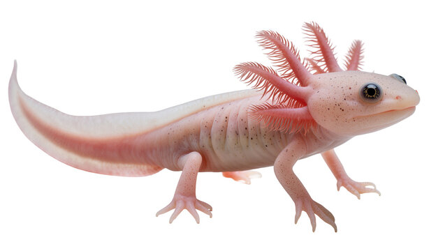 Pink axolotl salamander with feathery gills and spotted skin