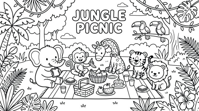 Children Coloring Page of Cute Jungle Animals Having a Picnic Party