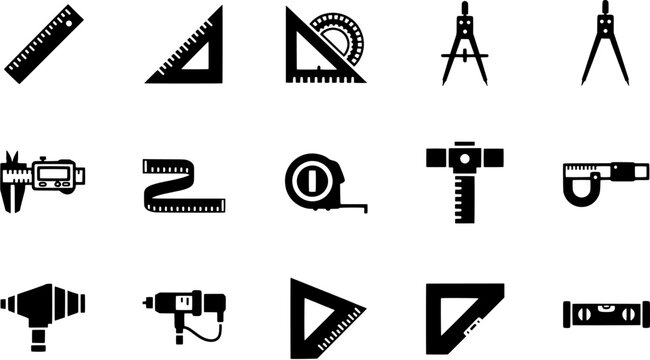 Set of measuring tool icons for engineering and construction, including rulers, calipers, protractors, and levels for precise measurement and technical design.