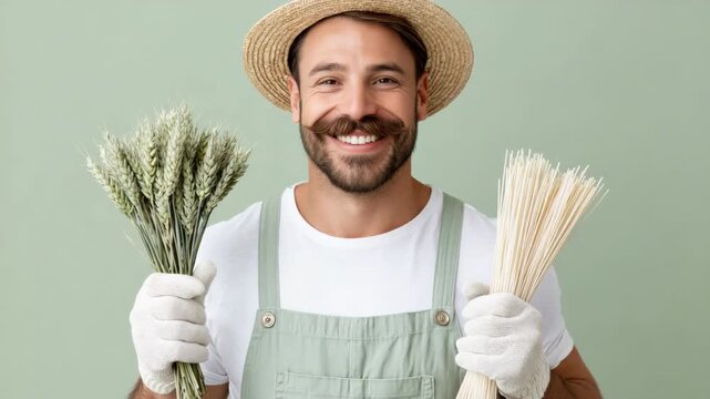 Static shot of smiling bearded gardener holding wheat and straw bundles while posing in studio with pale green backdrop wearing straw hat and gloves