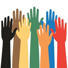 Obraz premium Many colorful human hands raised up together in a diverse group showing unity and teamwork for social community support