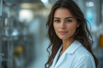 Obraz premium Waist up portrait of a professional young woman wearing a white lab coat in a modern laboratory environment