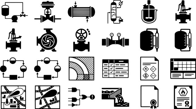 Industrial engineering and chemical process icon set featuring pipeline equipment, flow diagrams, hazard symbols and technical documentation