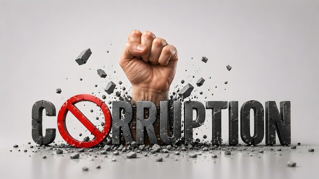 Anti corruption concept with a stone fist smashing through the ground to destroy a 3D corruption text with a red prohibition sign