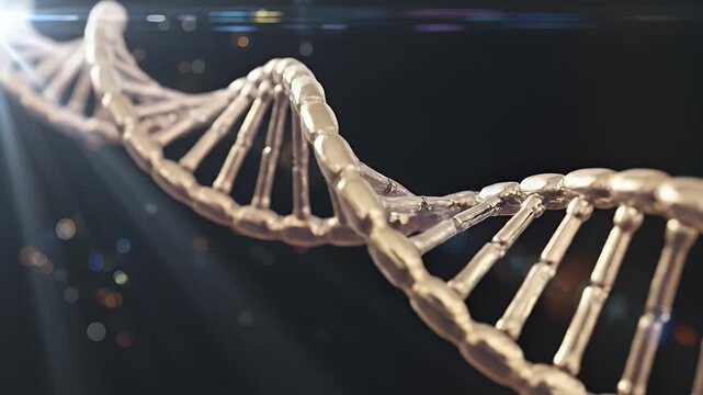 A close-up, three-dimensional render of a blue DNA double helix.