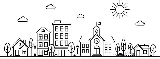 Fototapeta premium City skyline outline features simple houses, apartment buildings, and a school under a shining sun in a linear style.