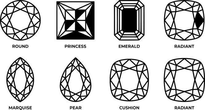 Set of various gemstone cut shapes including round, princess, emerald, radiant, marquise, pear, and cushion cuts
