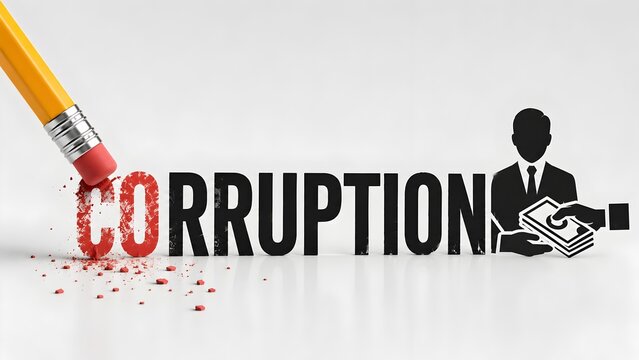 Eradicating corruption concept with a pencil eraser rubbing out the word corruption next to a businessman taking a bribe icon