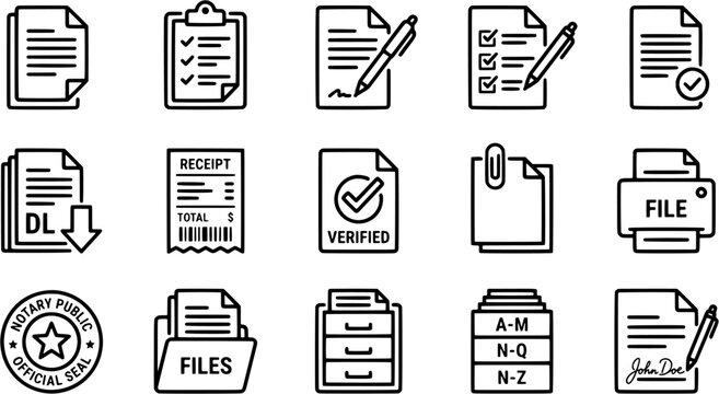 Set of document and file management icons featuring checklists, signatures, and folders for business administration